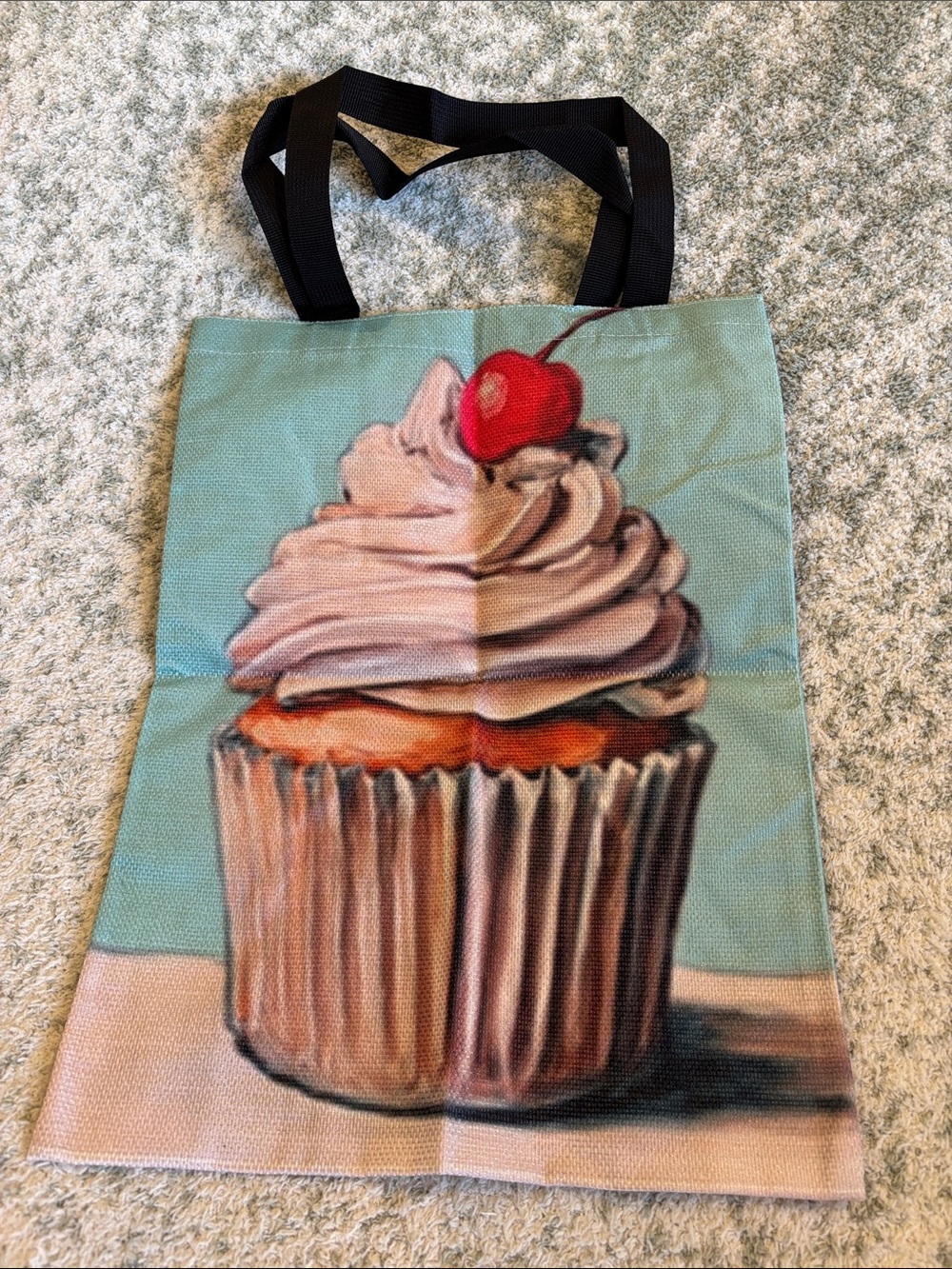 Impressionist Cupcake with Cherry On Top Poly Canvas Tote Bag NWT 13x17.25”